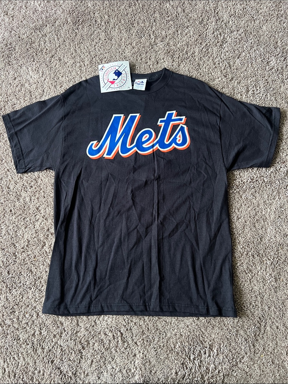 Majestic Mets Black Short Sleeve LogoTee MLB Sports Baseball T-Shirt Size L
